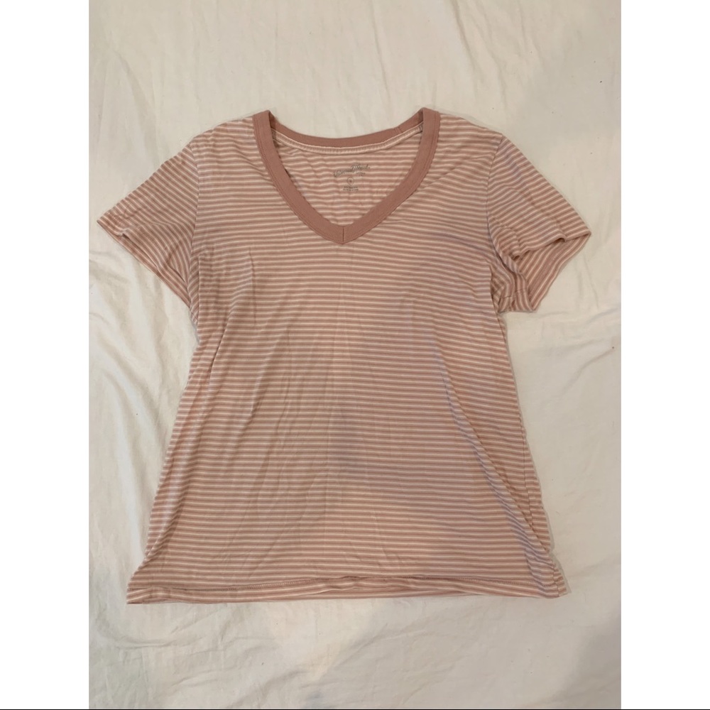 Light pink and white striped v-neck tee